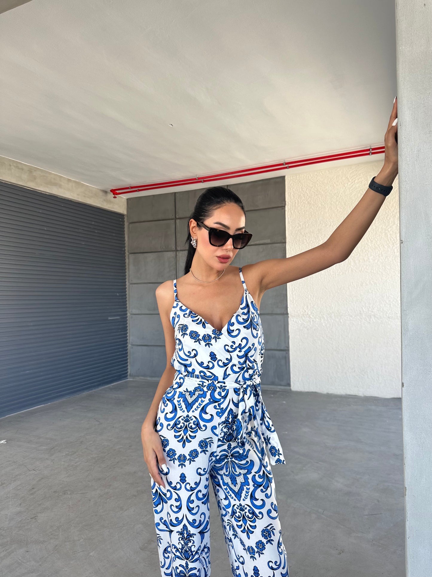 Patterned V-Neck Strap Jumpsuit