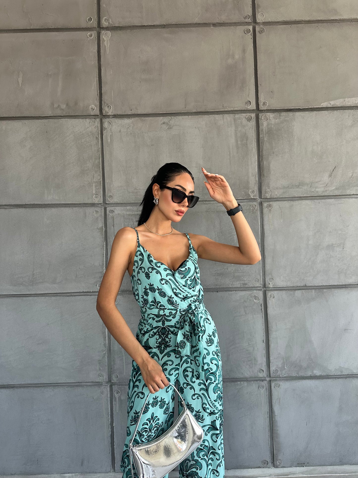 Patterned V-Neck Strap Jumpsuit