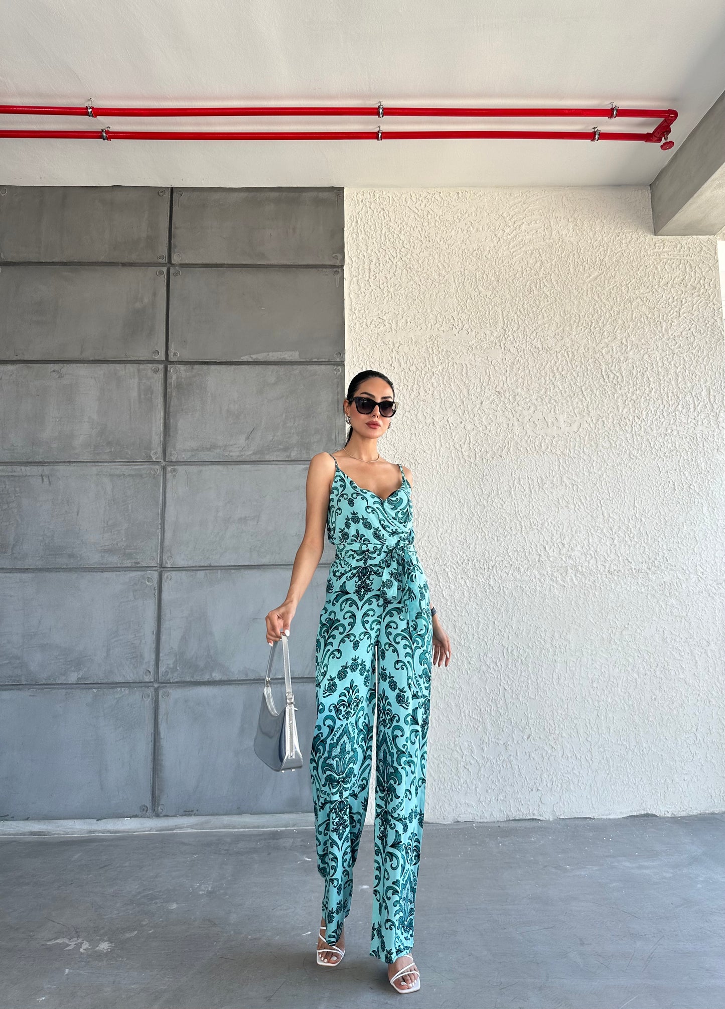 Patterned V-Neck Strap Jumpsuit