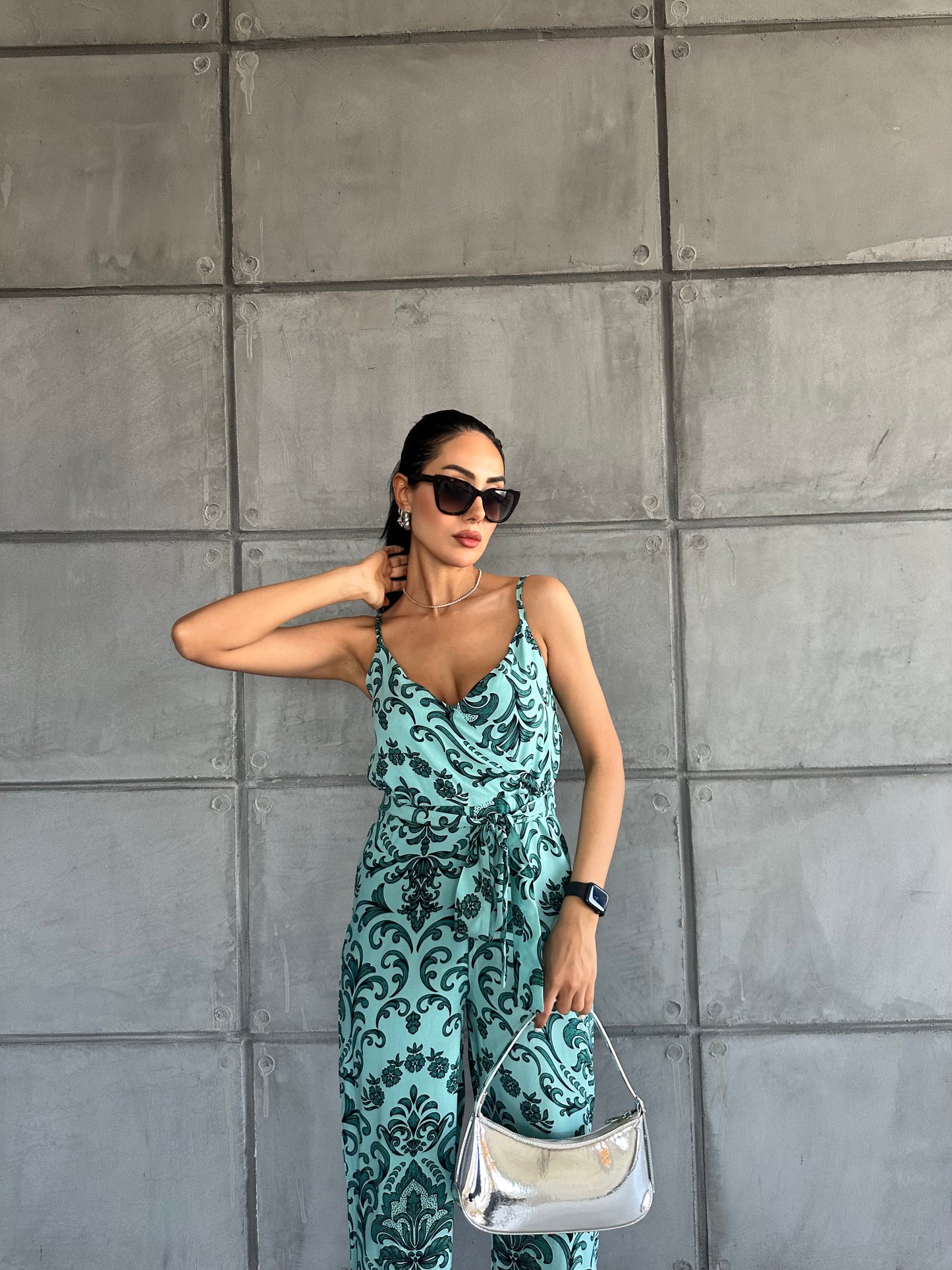 Patterned V-Neck Strap Jumpsuit