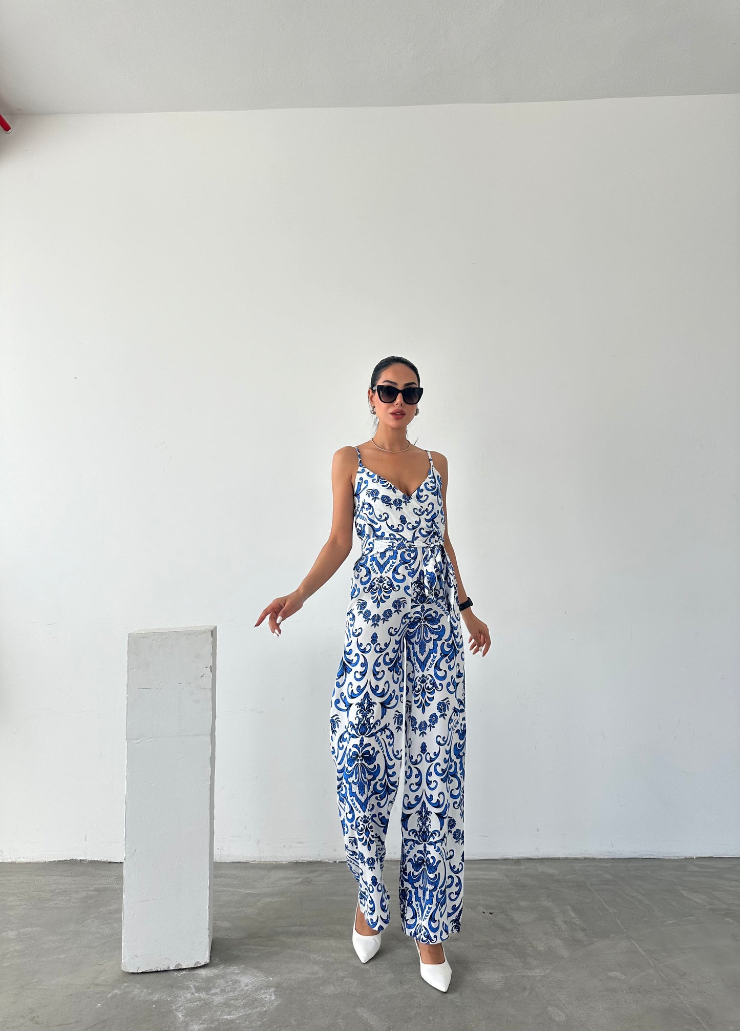 Patterned V-Neck Strap Jumpsuit